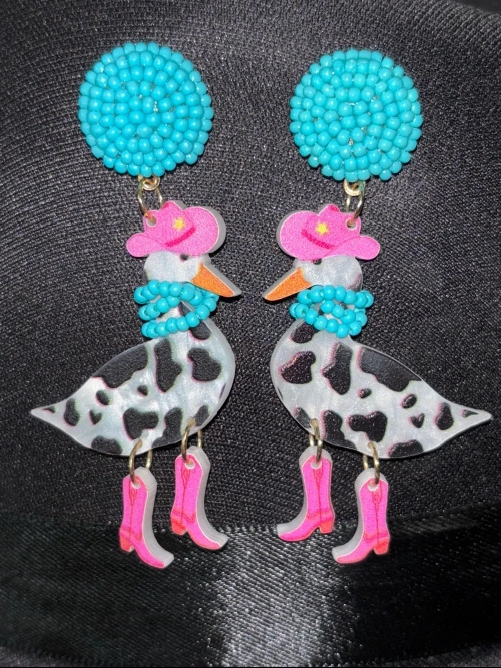 Whimsical Beaded Duck Dangle Earrings - Turquoise & Pink